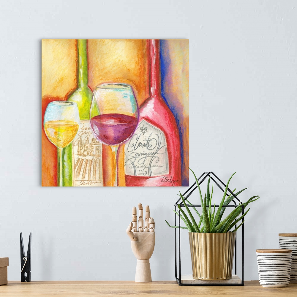 A bohemian room featuring Bright abstract wine vignette adds splash to any decor!
