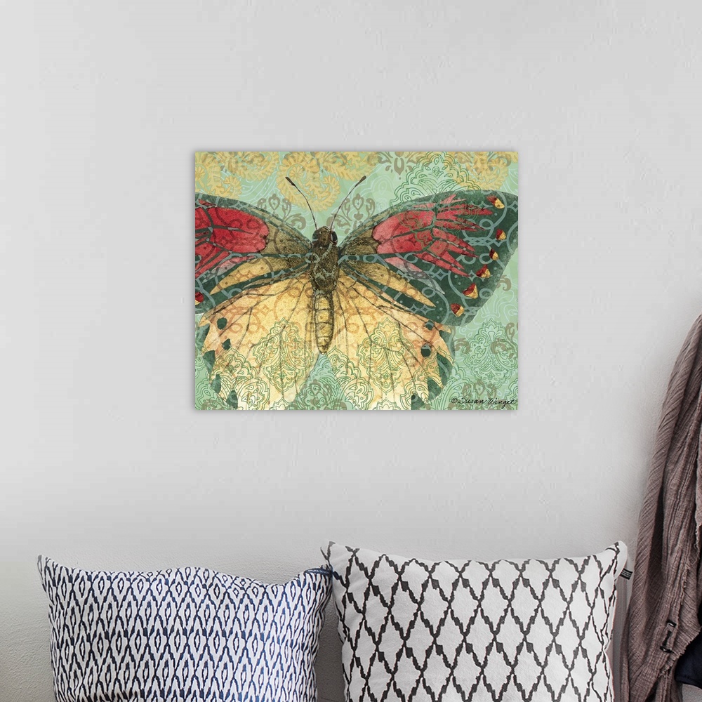 Butterfly With Decorative Wings On Ornate Background Wall Art, Canvas ...