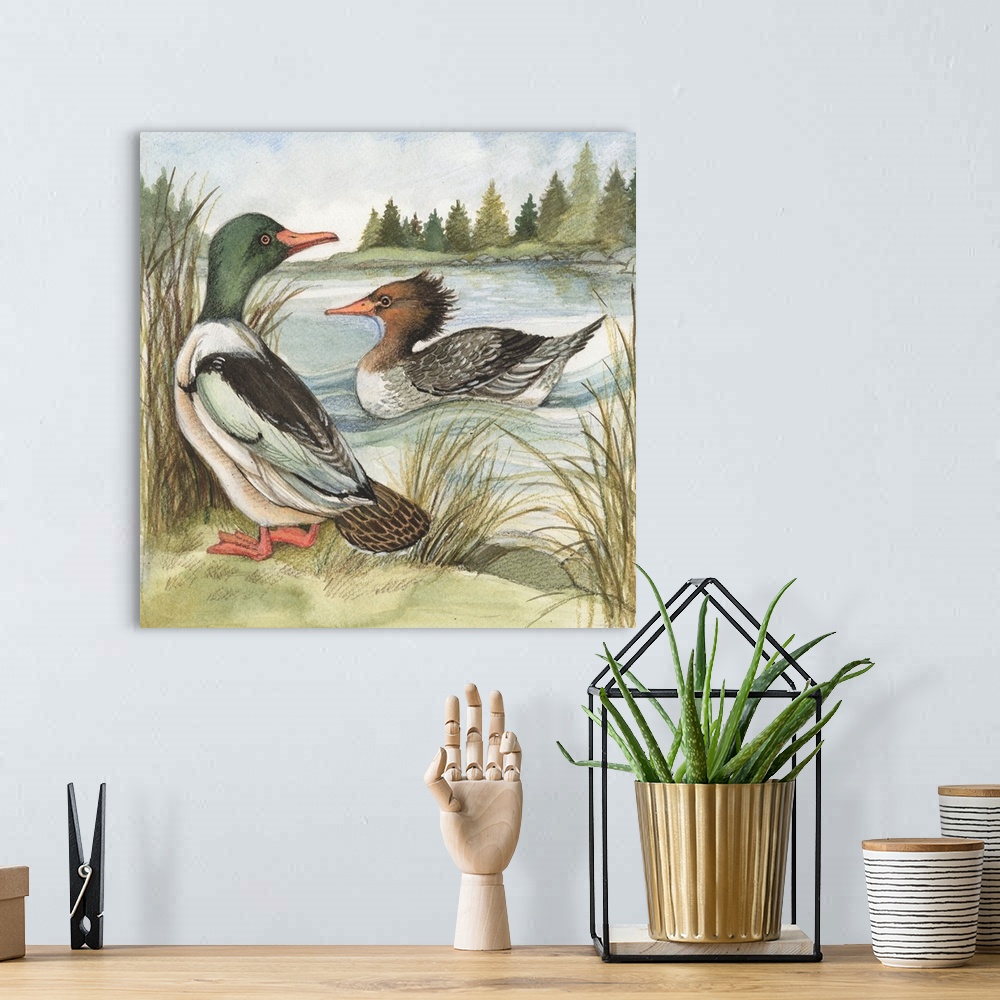 A bohemian room featuring Lovely painterly treatment of Ducks at the Lake