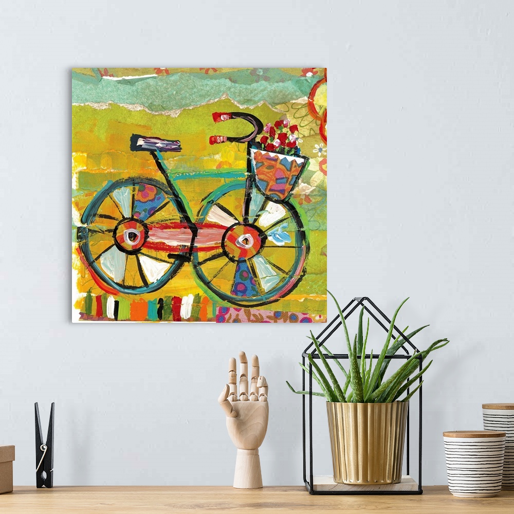 A bohemian room featuring Square contemporary painting of a bike with flowers in a basket.