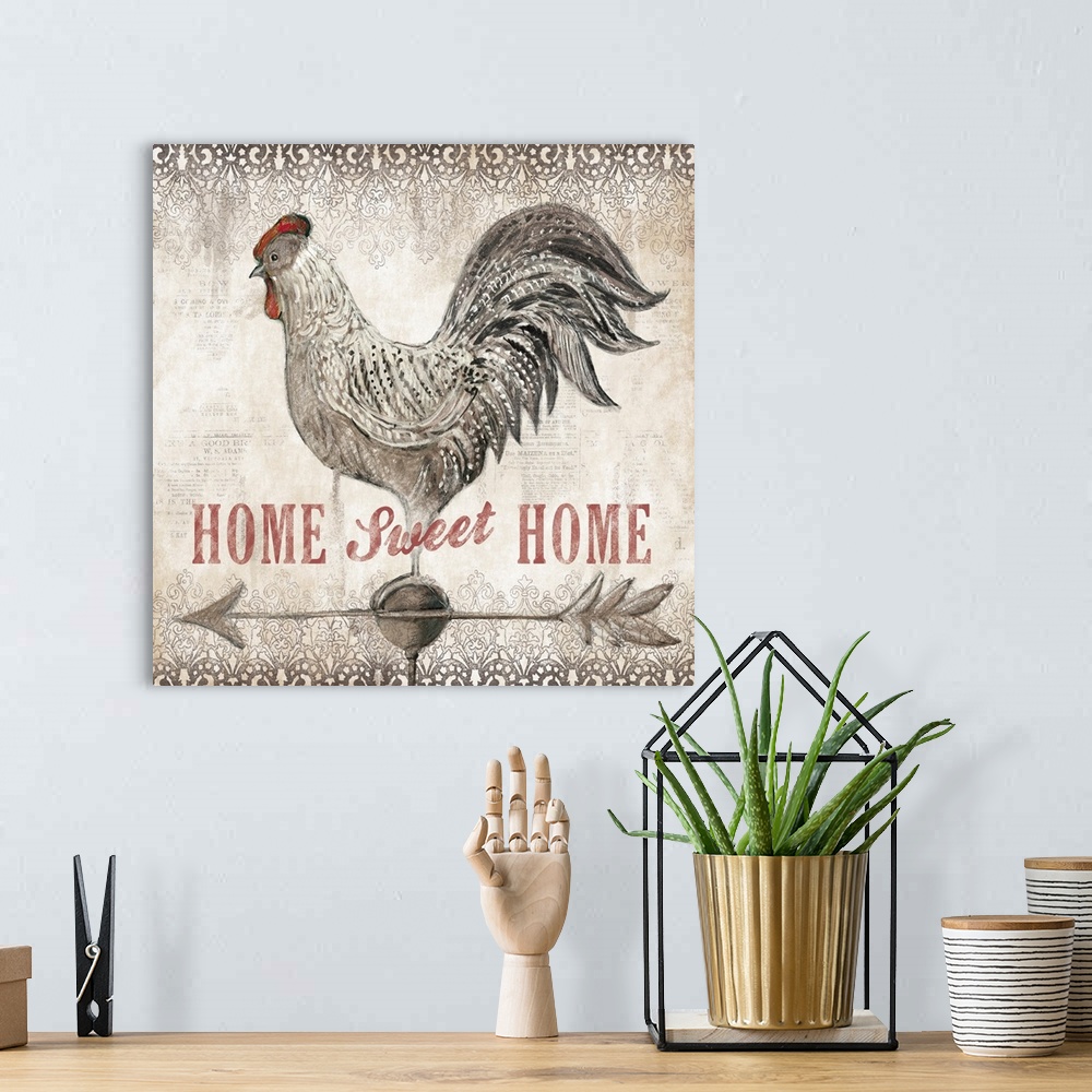 A bohemian room featuring Home Sweet Homethis Rooster on Weathervane is a stylish rustic accent.