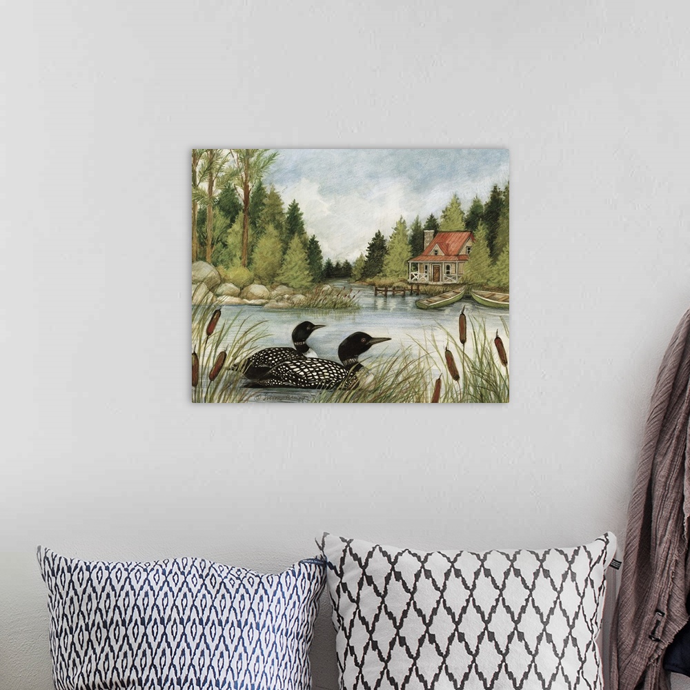 A bohemian room featuring Lovely lake scene evokes a quite time with nature.