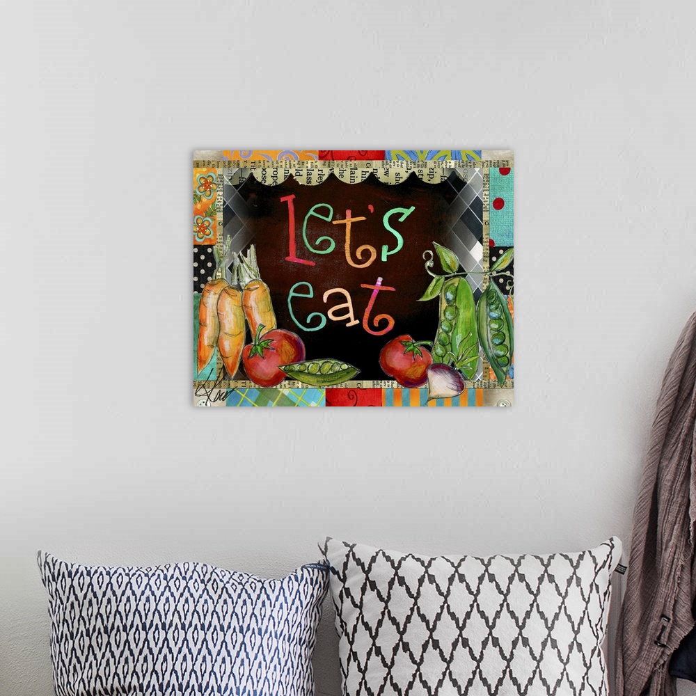 A bohemian room featuring A playful prodding for the kitchen wall!