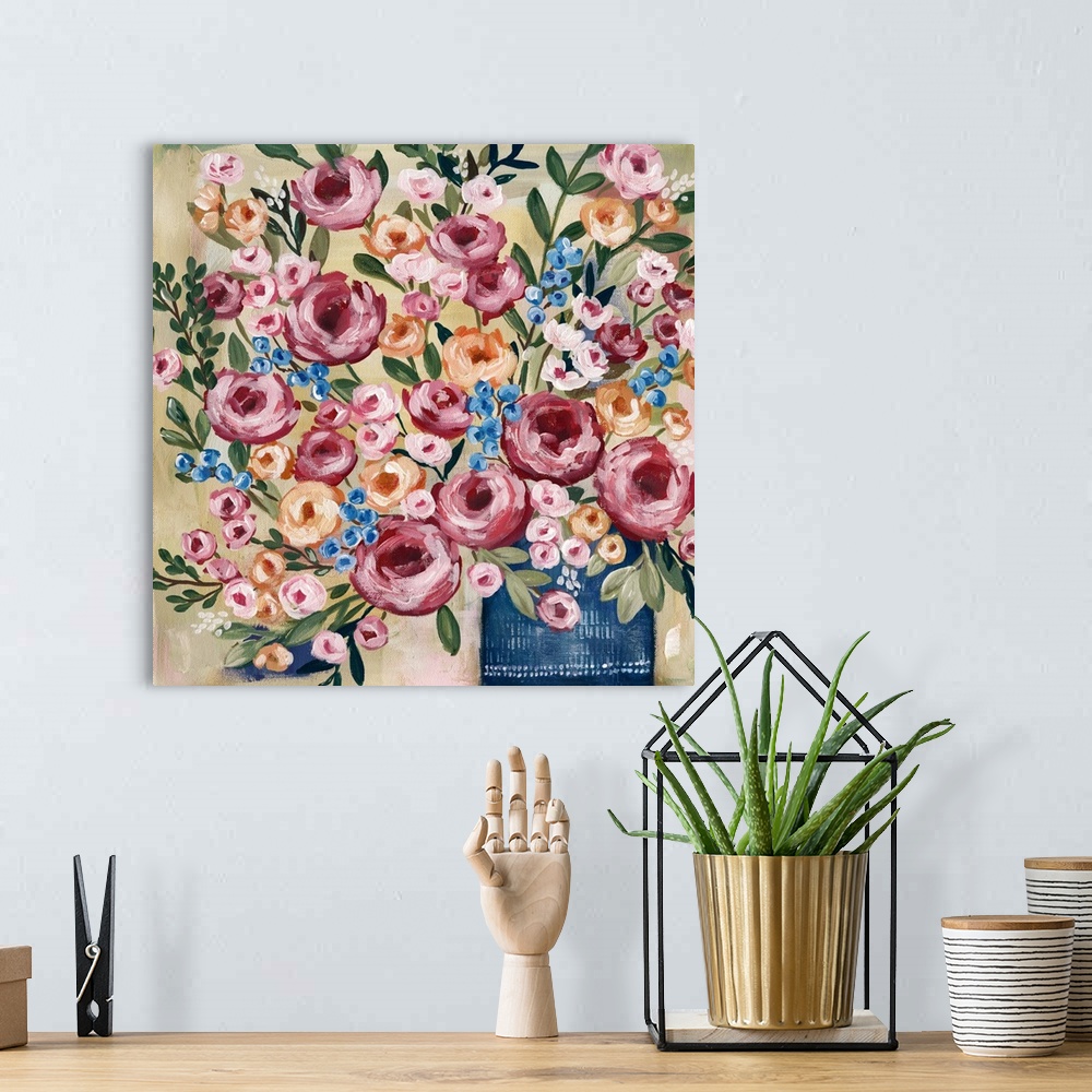 A bohemian room featuring Lush, dramatic still life of a floral vase fills a wall with beauty and color.