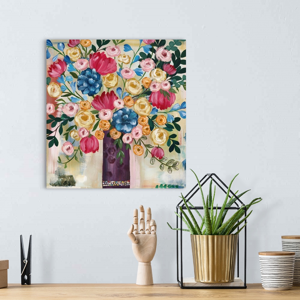 A bohemian room featuring Lush, dramatic still life of a floral vase fills a wall with beauty and color.