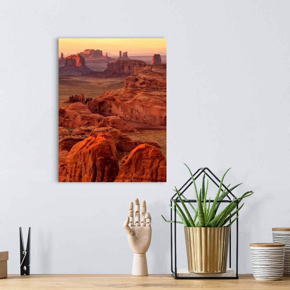 A bohemian room featuring USA, Arizona, Monument Valley Navajo Tribal Park, Sunset view from Hunt's Mesa