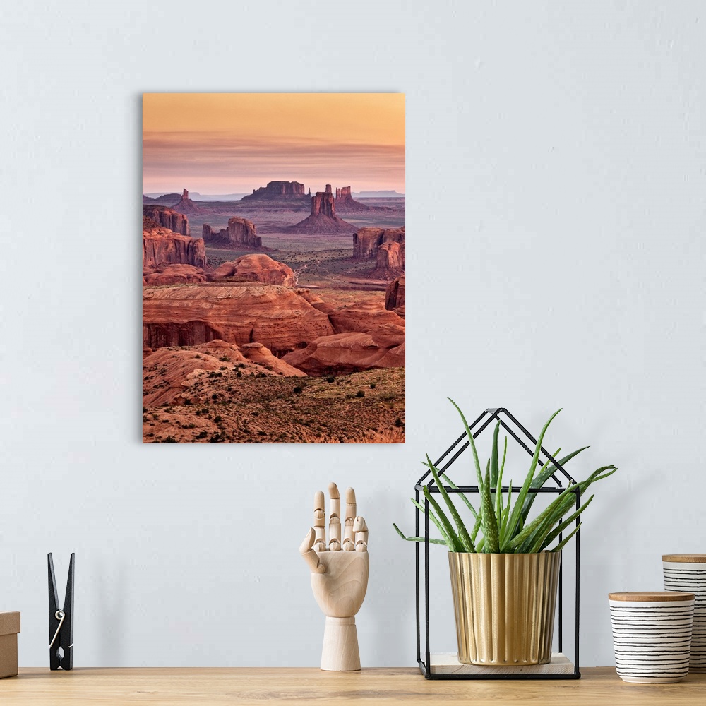 A bohemian room featuring USA, Arizona, Monument Valley Navajo Tribal Park, View from Hunt's Mesa at dawn
