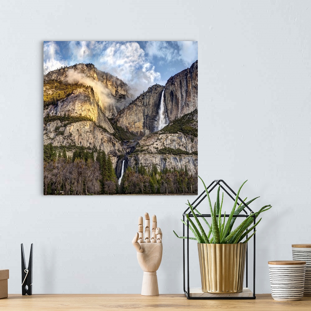A bohemian room featuring USA, California, Yosemite National Park, Upper and Lower Yosemite Falls at sunrise