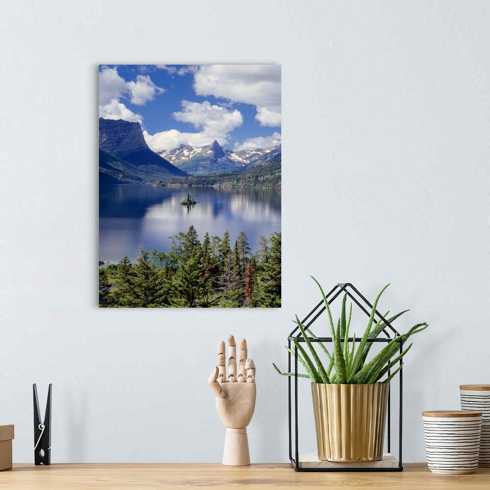 A bohemian room featuring USA, Montana, Glacier National Park, Cumulus clouds drift over Saint Mary Lake and Wild Goose Isl...