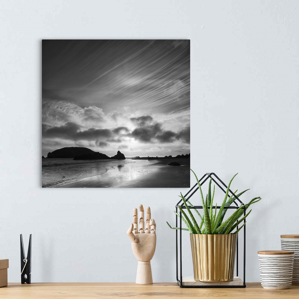 A bohemian room featuring North America, USA, Oregon, Harris Beach State Park.  Black and white image of sunset at ocean lo...