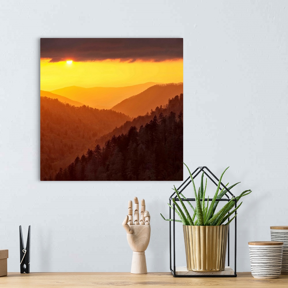 A bohemian room featuring USA, Tennessee, Great Smoky Mountains National Park, Sunset light reflected by clouds fills valle...