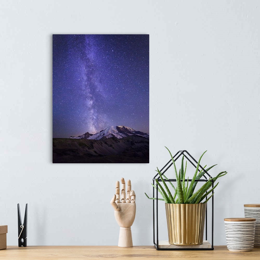 A bohemian room featuring USA, Washington State, Mt. Rainier National Park. Stars and the Milky Way light the sky above Mt....