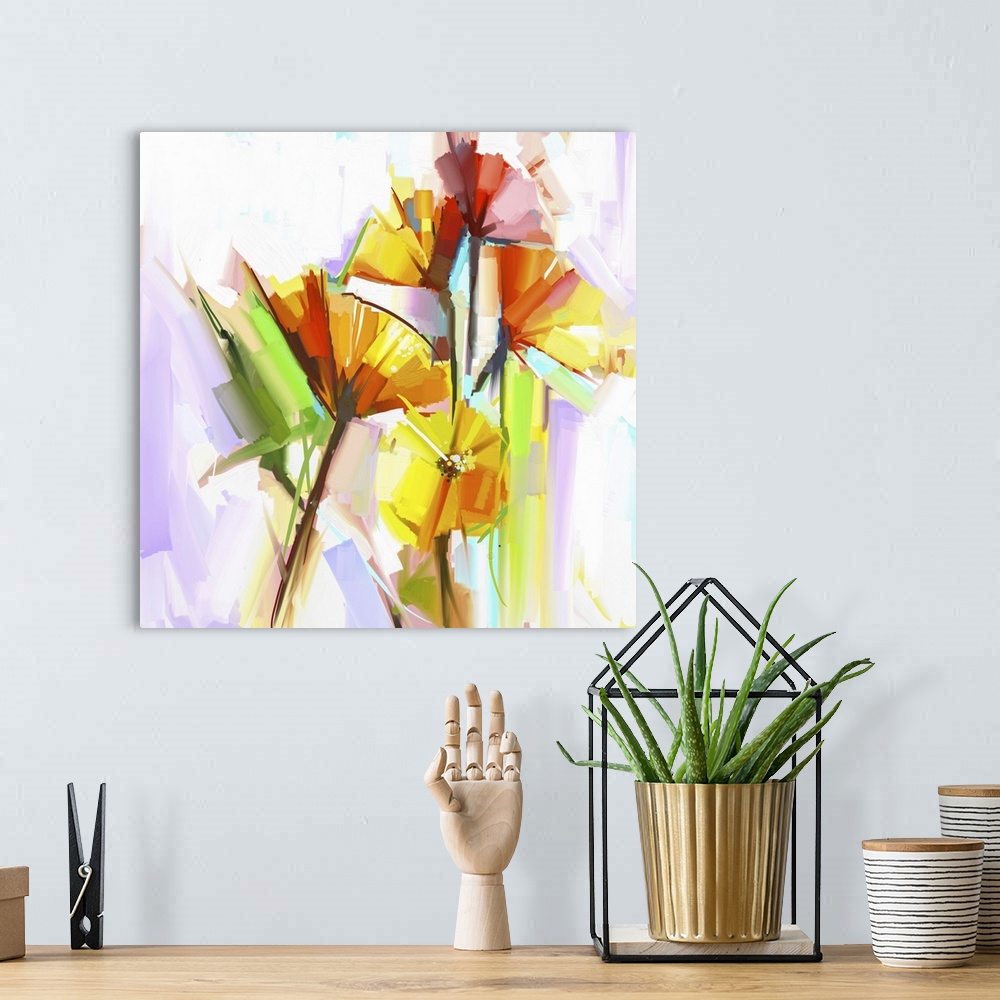 A bohemian room featuring Originally an abstract oil painting of spring flowers. Still life of yellow and red gerbera flowe...