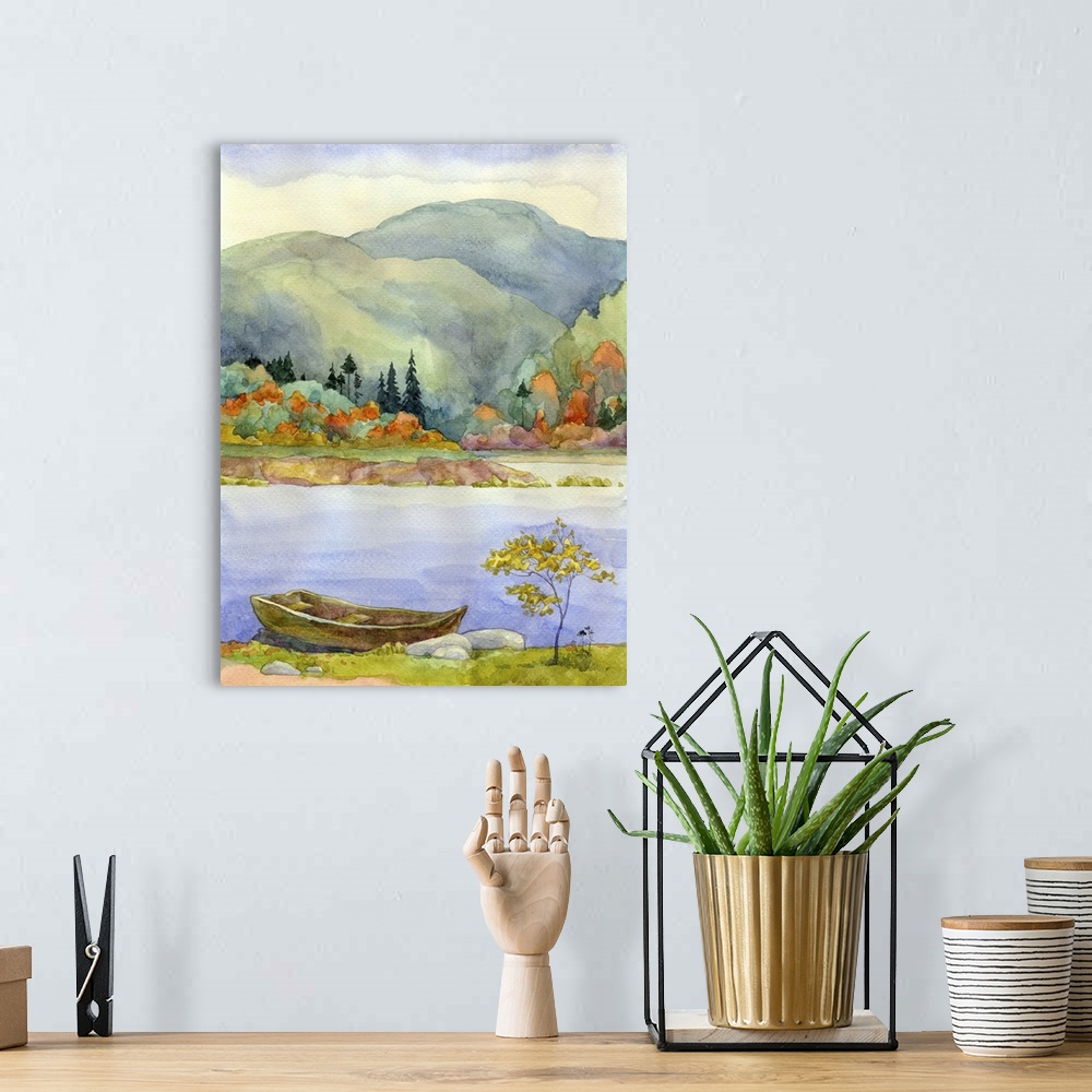 A bohemian room featuring Watercolor landscape of an old boat on a lake.