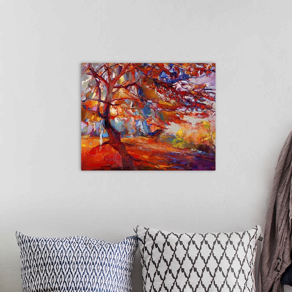 A bohemian room featuring Originally an oil painting showing beautiful autumn tree. Modern impressionism.