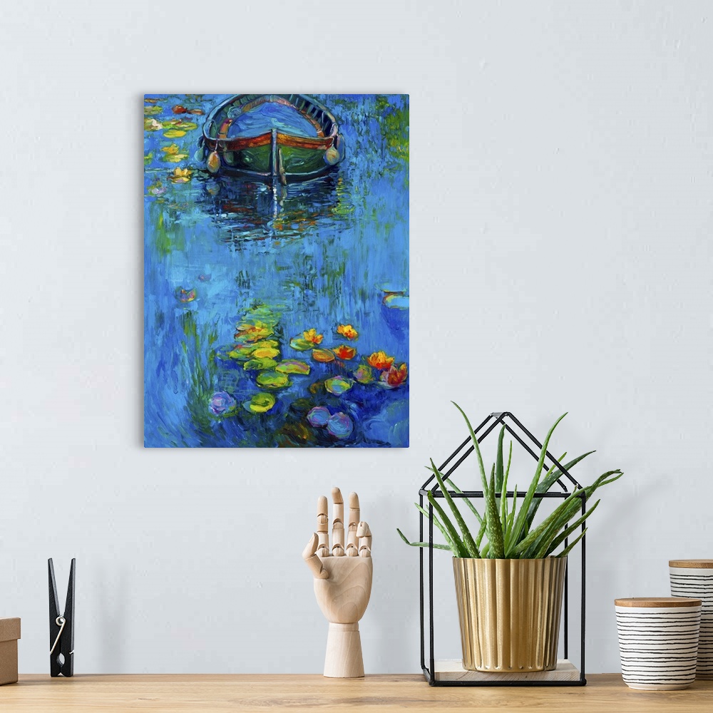 A bohemian room featuring Originally an oil painting of boat and water lilies in river on canvas. Modern impressionism.