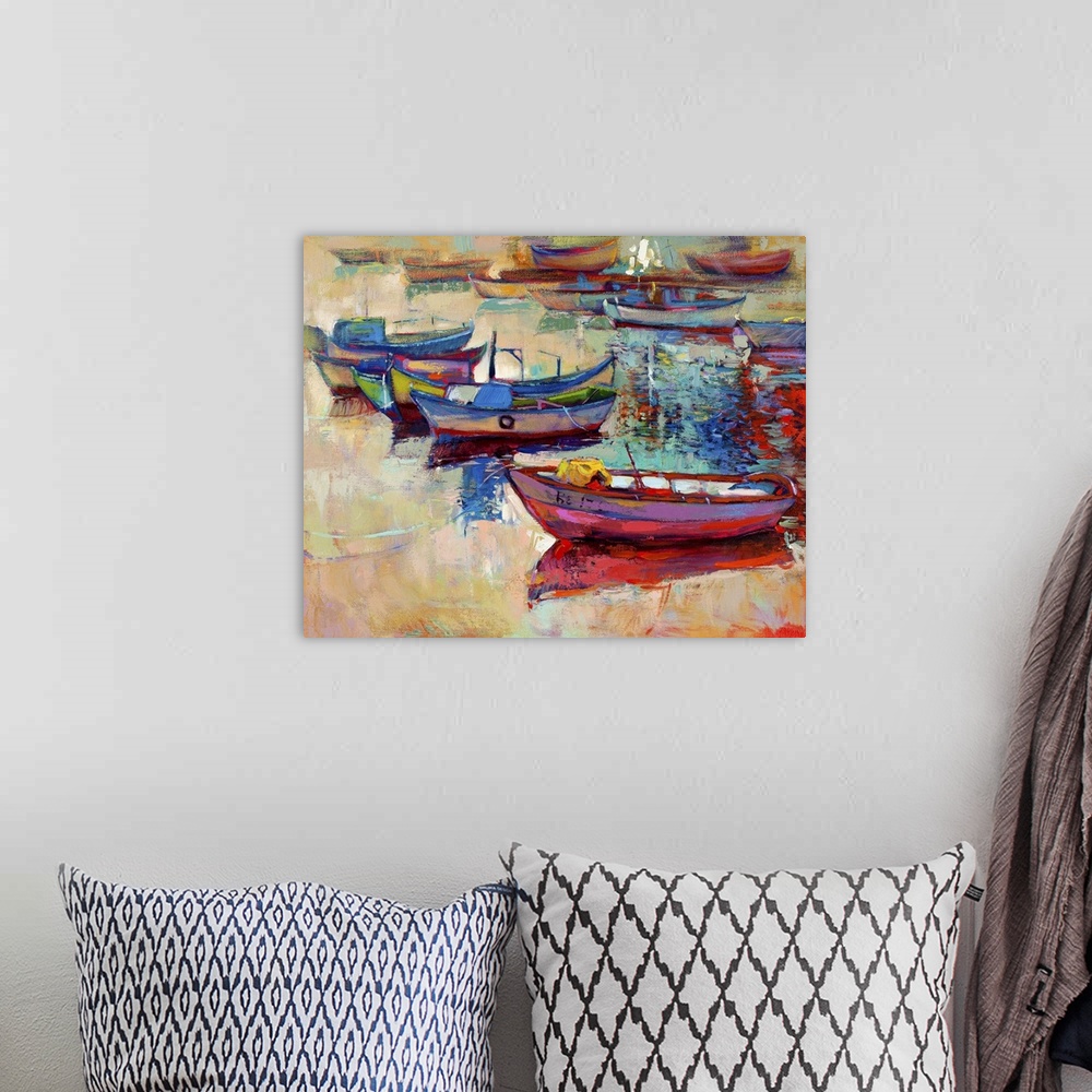 A bohemian room featuring Originally an oil painting of boats and jetty (pier) on canvas. Sunset over ocean. Modern impress...