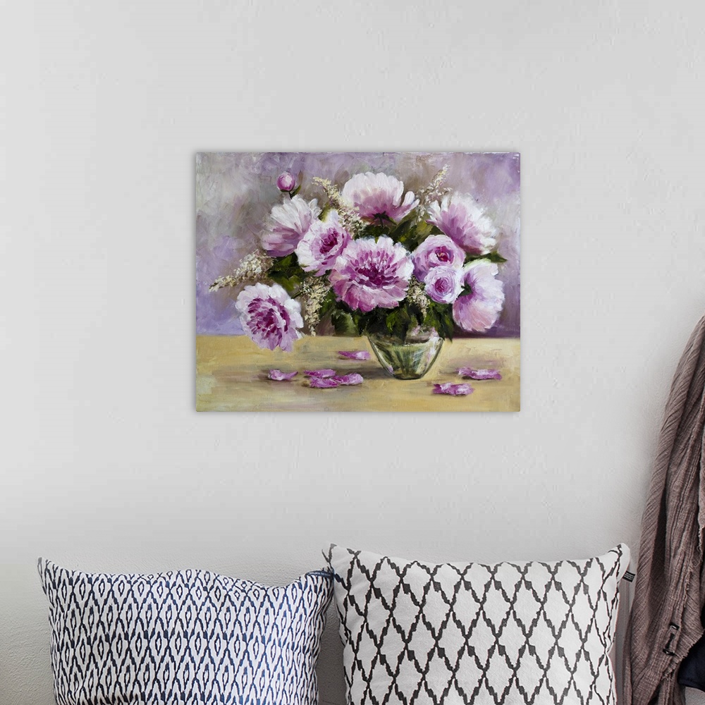 A bohemian room featuring Originally oil paint on canvas of a bouquet of peonies in a glass vase.