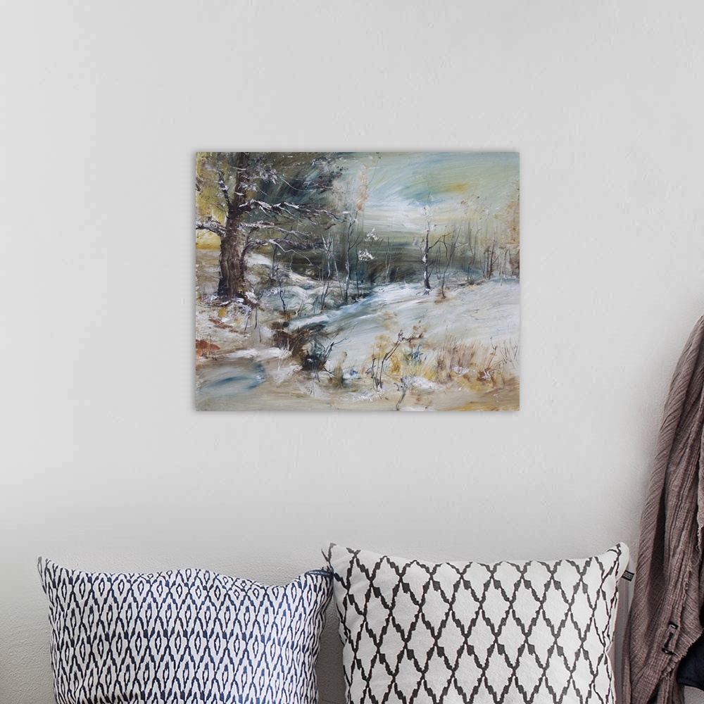 A bohemian room featuring Christmas landscape with snowy trees, originally an oil painting.