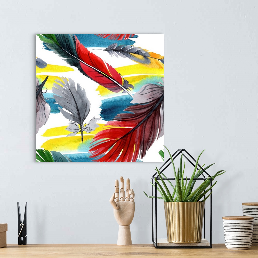 A bohemian room featuring Originally a watercolor of a colorful bird feather.