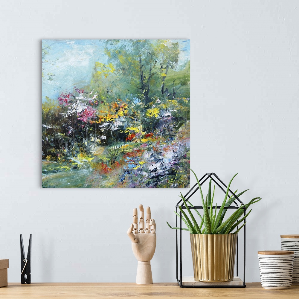 A bohemian room featuring Colorful flowers in the garden, originally an oil painting.