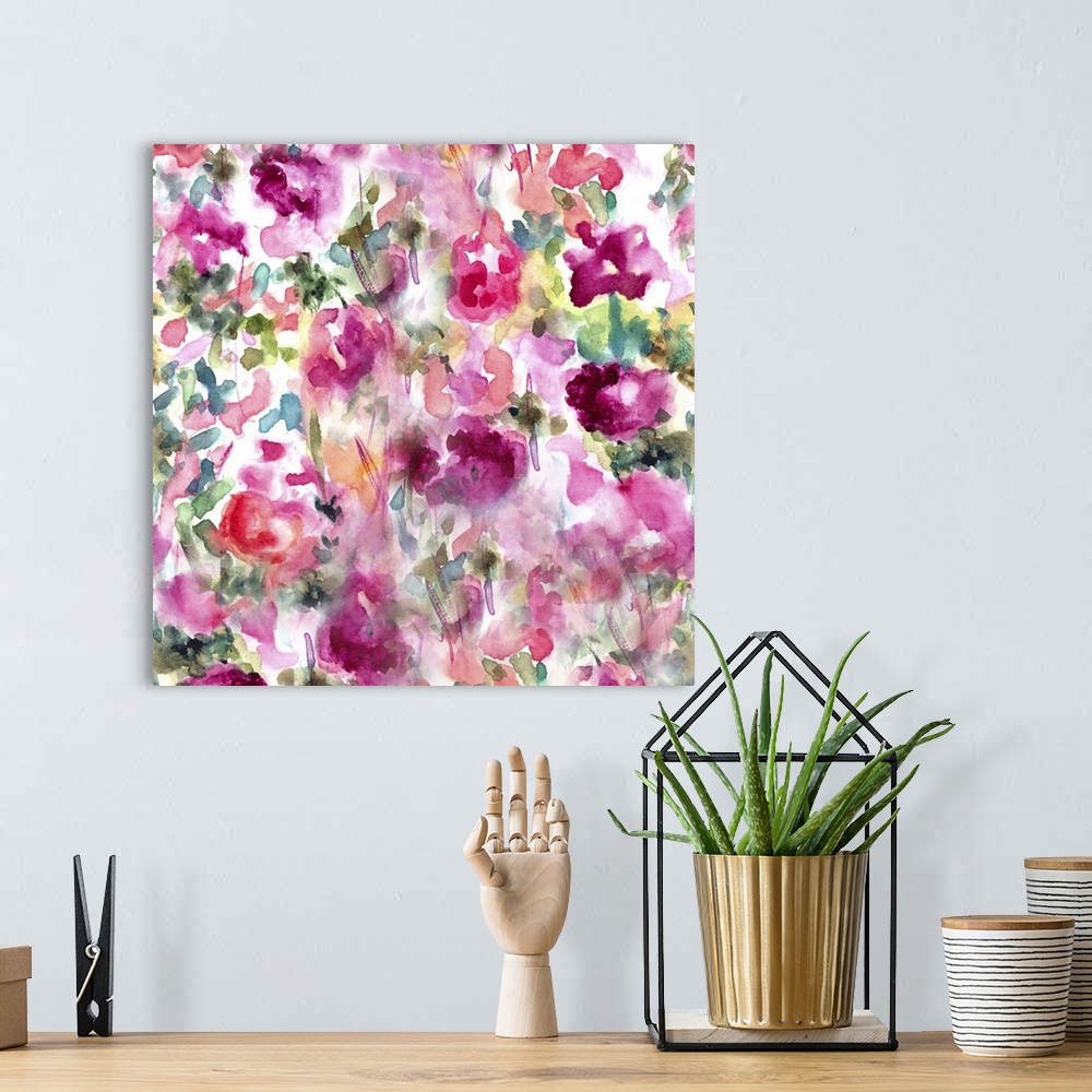 A bohemian room featuring Colorful, loose abstract watercolor of a floral landscape.