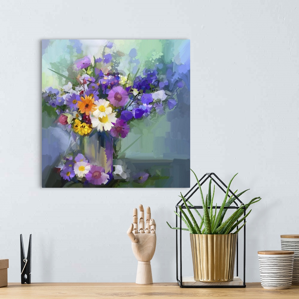 A bohemian room featuring Still life a bouquet of flowers. Originally an oil painting daisy flowers in vase. Originally a h...