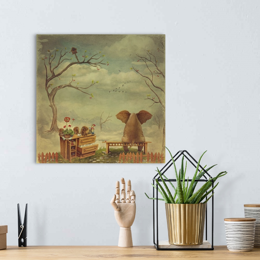 A bohemian room featuring Pensive elephant sits on a bench in the sky.