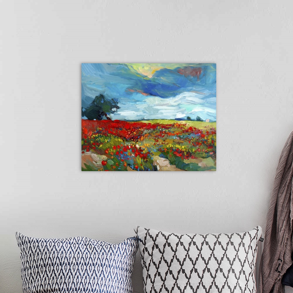 A bohemian room featuring Originally an oil painting on canvas of fields of flowers in an Impressionist style.