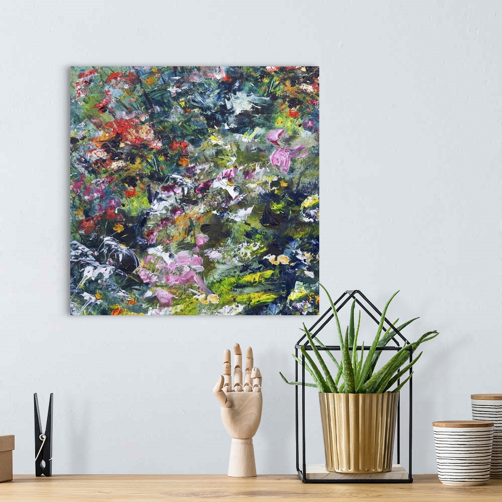 A bohemian room featuring Abstract art of flowers, originally an oil painting.