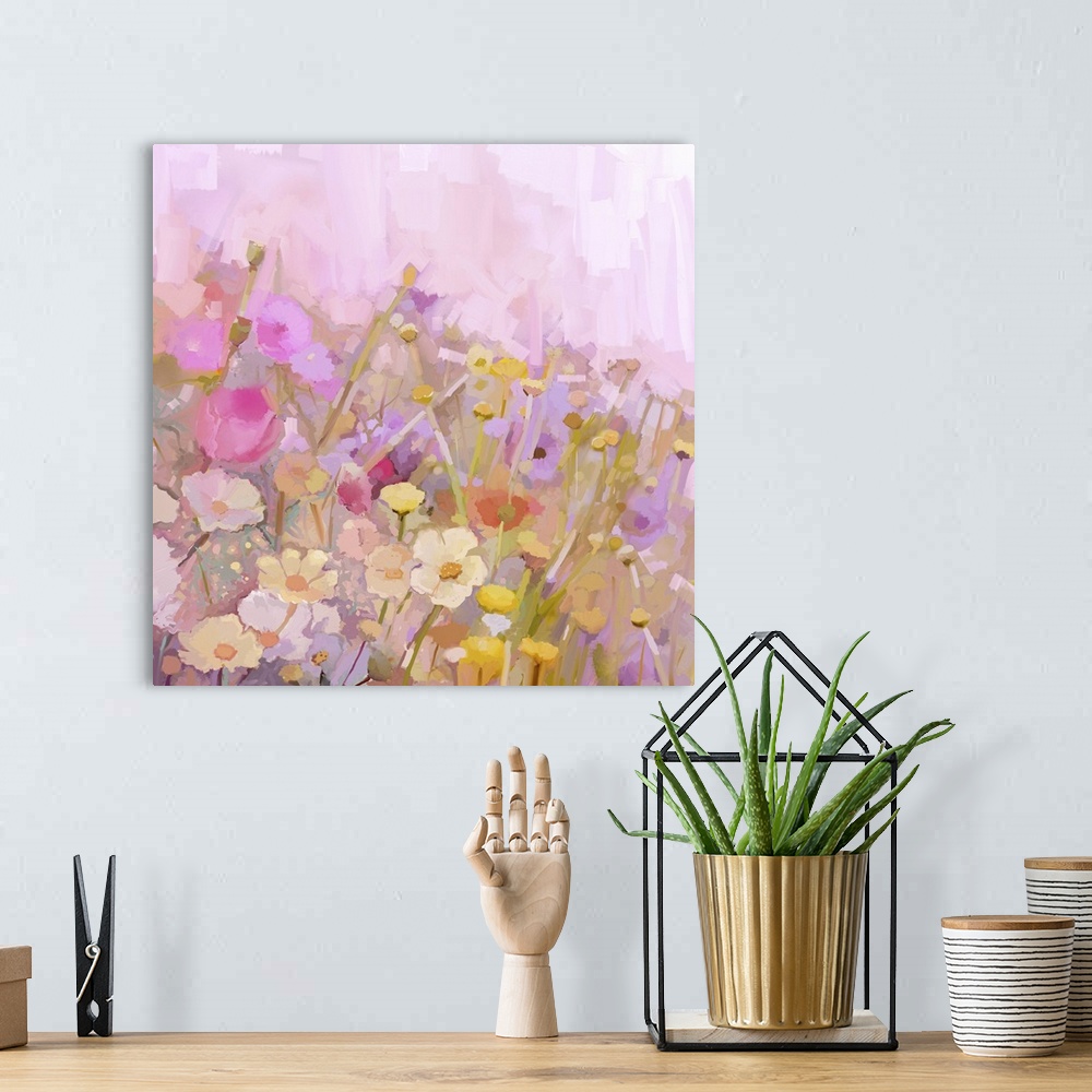 A bohemian room featuring Flower, originally an oil painting. Flowers field in soft color and blur style.