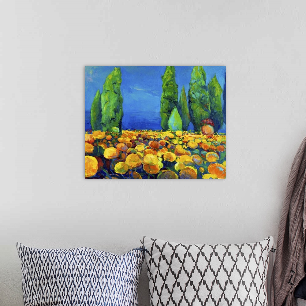 A bohemian room featuring Originally an oil painting of green trees and yellow flowers on canvas. Landscape. Modern impress...