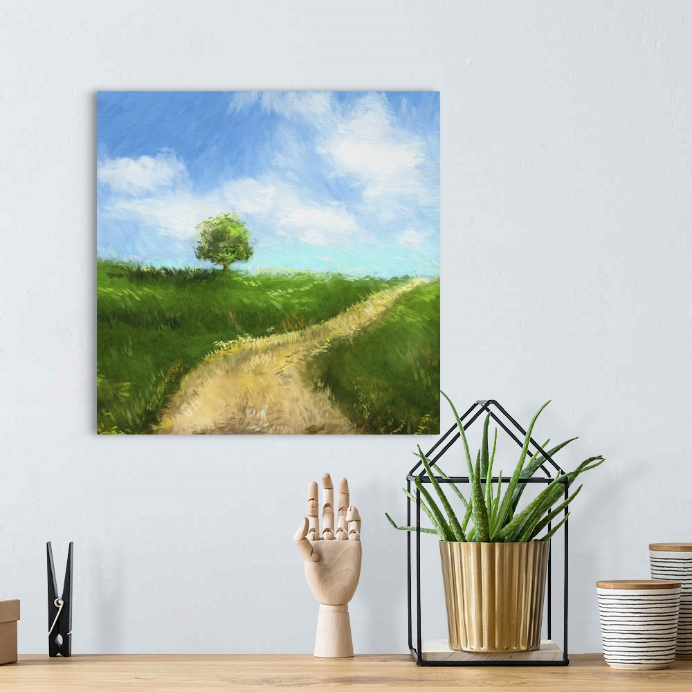 A bohemian room featuring Digitally rendered painting of an idyllic country road.