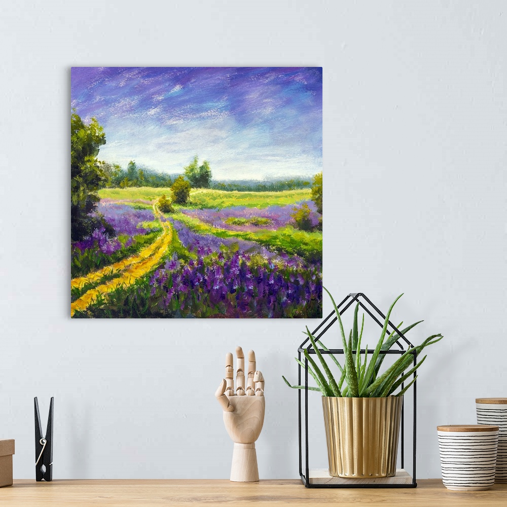 A bohemian room featuring Impressionist painting of a purple meadow landscape, originally in oil.