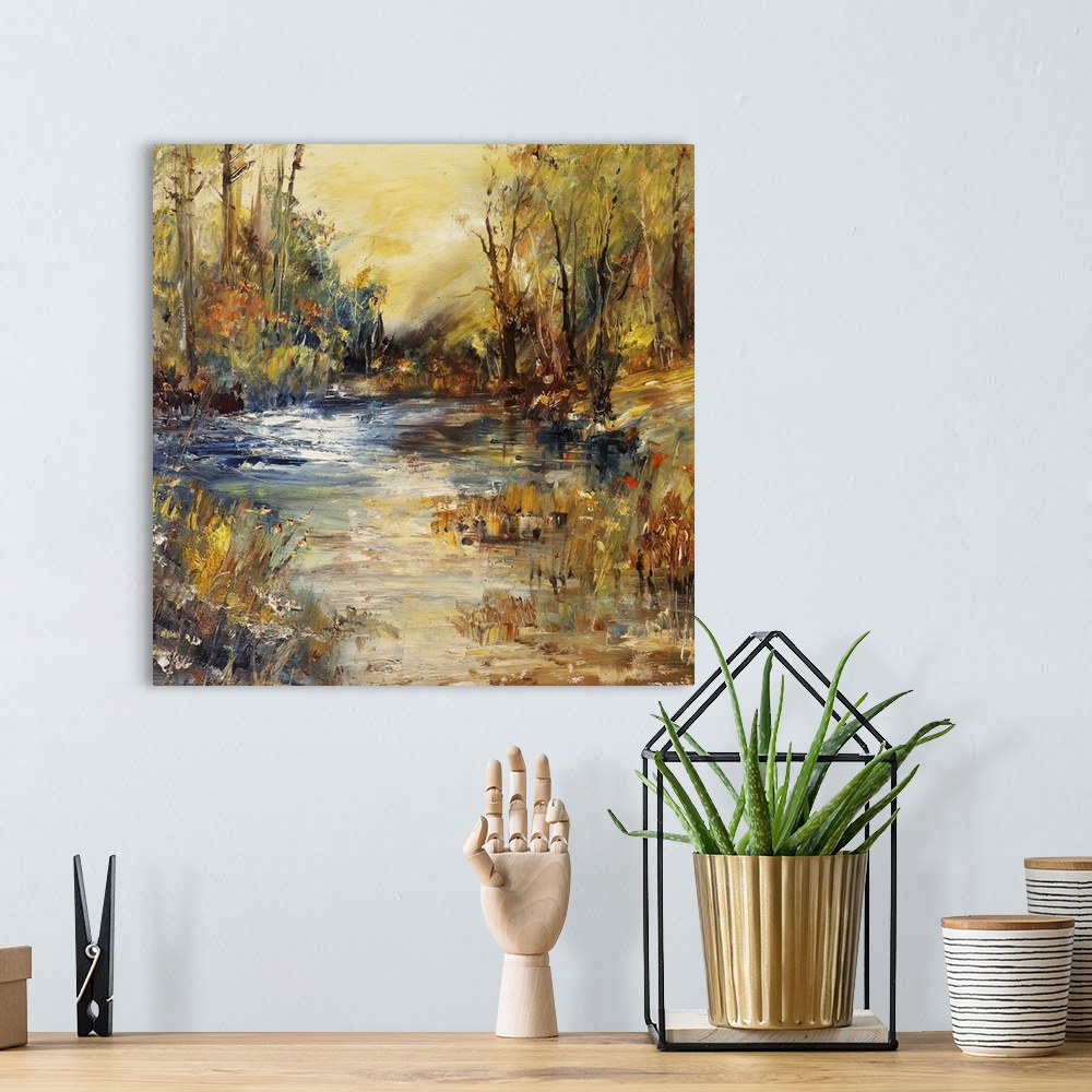A bohemian room featuring Lake in the forest, originally an oil painting. Art background.