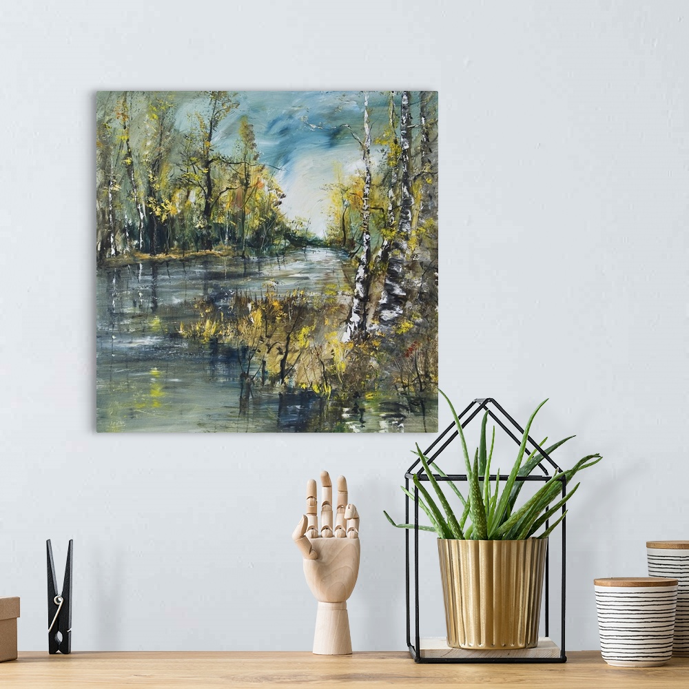 A bohemian room featuring Landscape with river and birch forest, originally an oil painting of an artistic background.