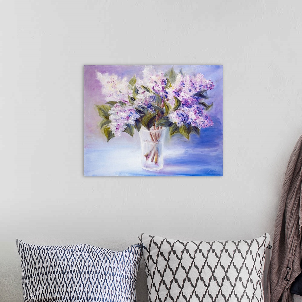 A bohemian room featuring Lilacs in a vase, originally an oil painting on canvas.