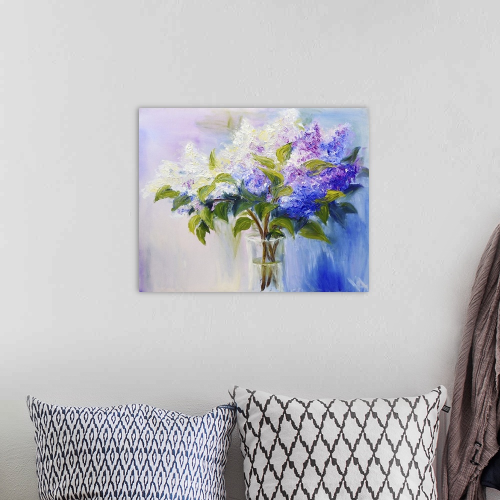A bohemian room featuring Lilacs in a vase, originally an oil painting on canvas.