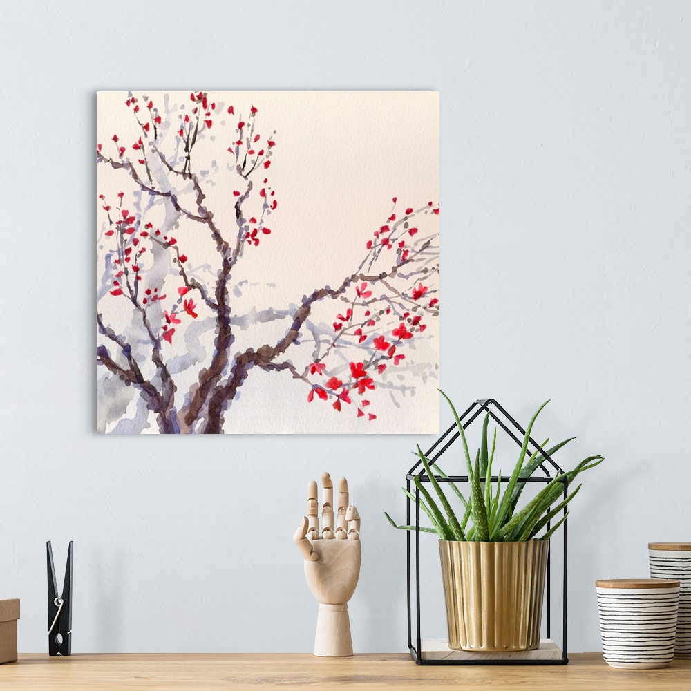 A bohemian room featuring Originally a watercolor spring background in Japanese style. Bright red flowers and buds on the b...