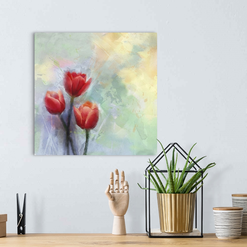 A bohemian room featuring Red tulip, originally a flowers painting. Flowers in soft color and blur style for background. Vi...
