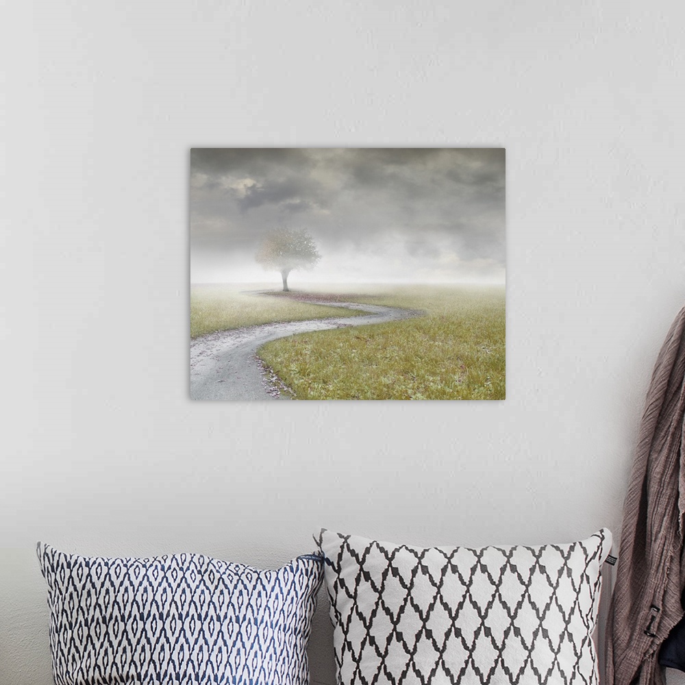 A bohemian room featuring Beautiful landscape with an isolated tree and a path with clouds and fog.