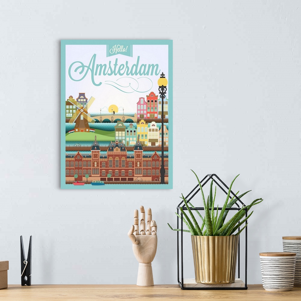 A bohemian room featuring Retro style poster with Amsterdam symbols and landmarks.