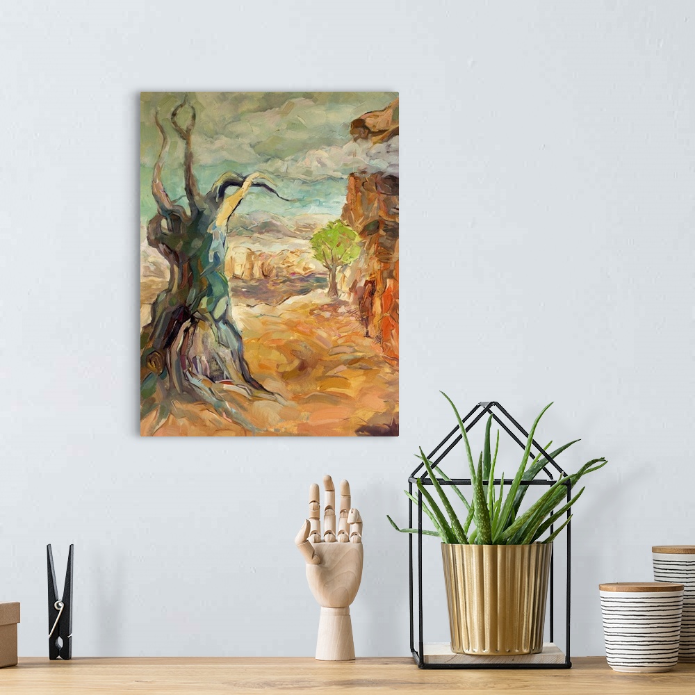 A bohemian room featuring Originally an oil painting of Rugged Mountain (Canyon) and dead tree on canvas.