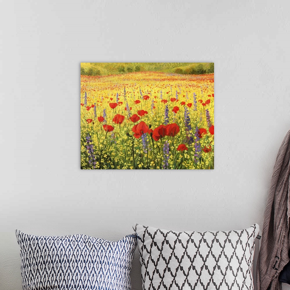 A bohemian room featuring A colorful field with poppies.