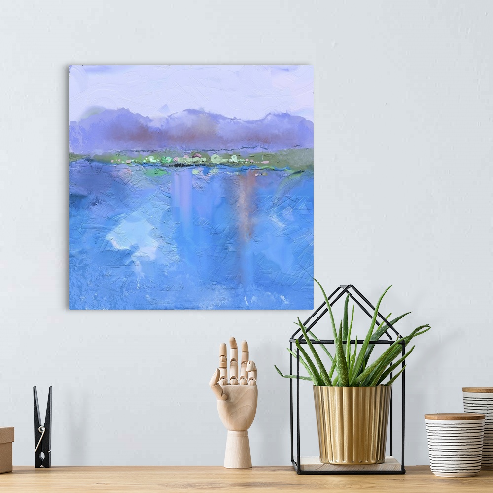 A bohemian room featuring Originally an abstract oil painting landscape on canvas. Semi- abstract image of hill and blue ri...
