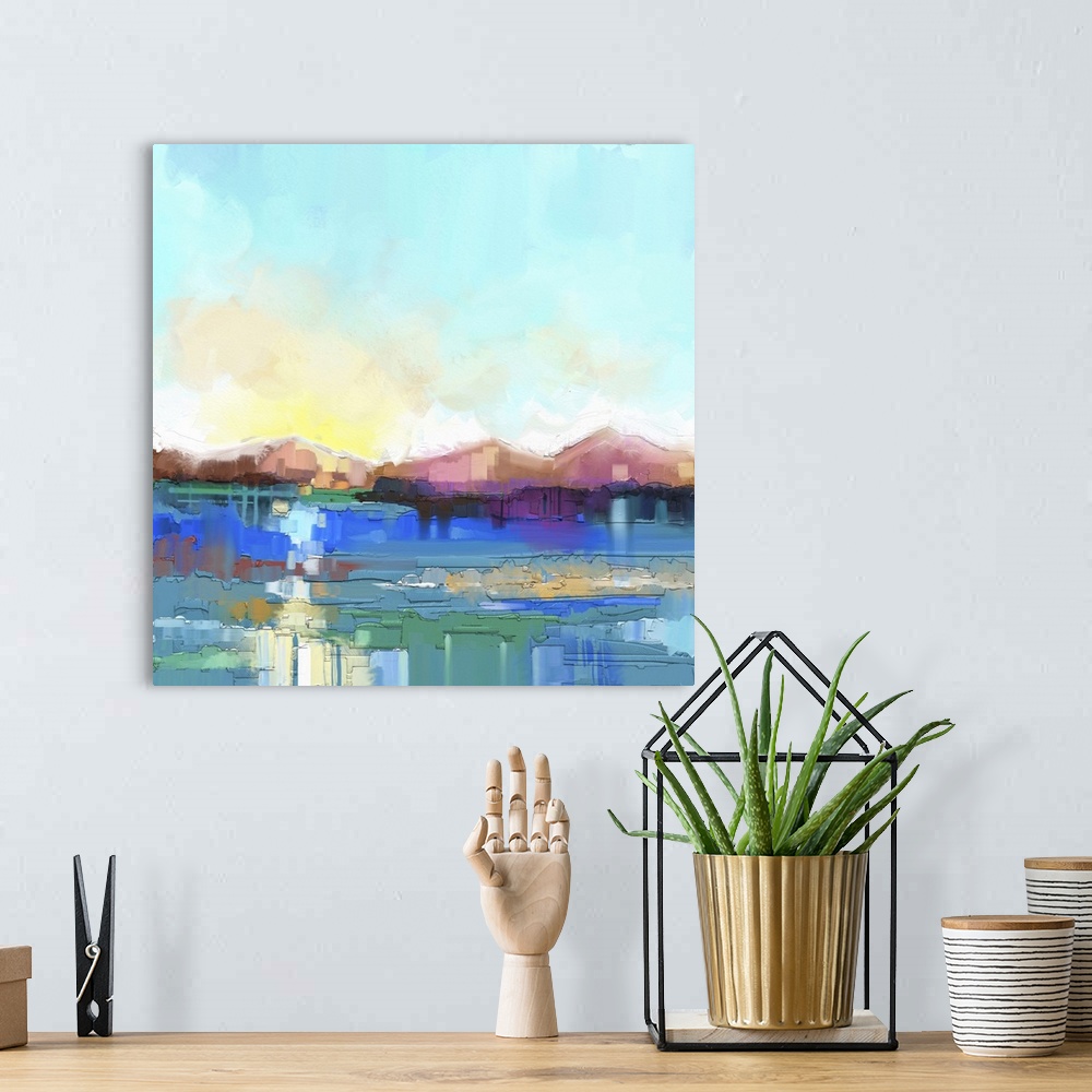 A bohemian room featuring Originally an abstract oil painting landscape on canvas. Semi- abstract image of hill and field i...