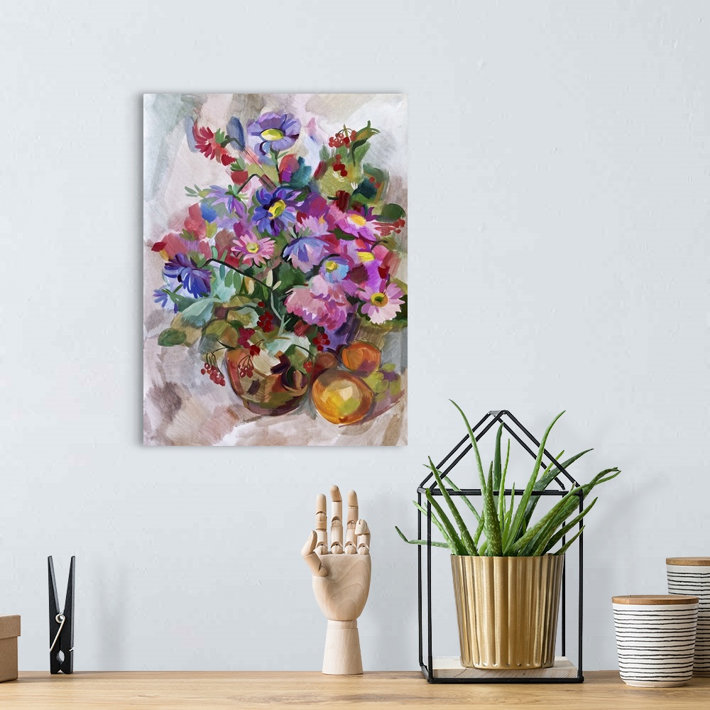 A bohemian room featuring Still life a bouquet of flowers. Originally hand-drawn in gouache.