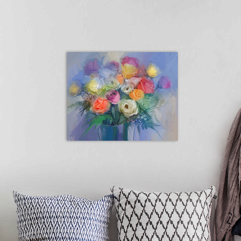 A bohemian room featuring Still life a bouquet of flowers. Originally an oil painting red and yellow rose flowers in vase. ...