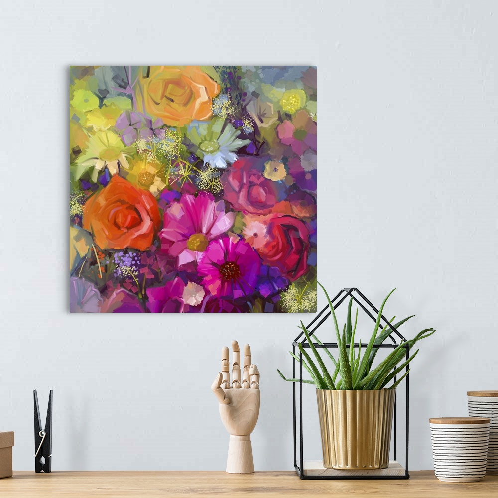 A bohemian room featuring Still life of yellow and red color flowers. Originally an oil painting a bouquet of rose, daisy a...