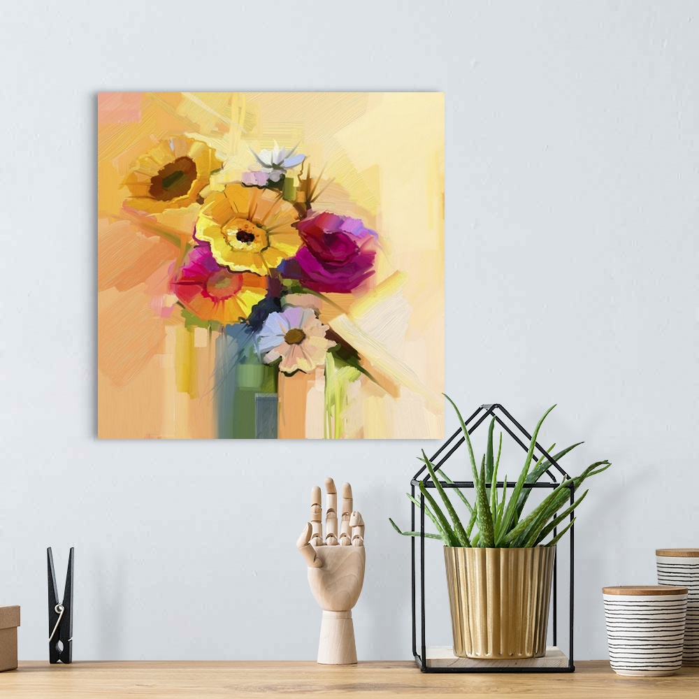 A bohemian room featuring Originally an oil painting still life of white, yellow and red flower. Originally a hand painted ...